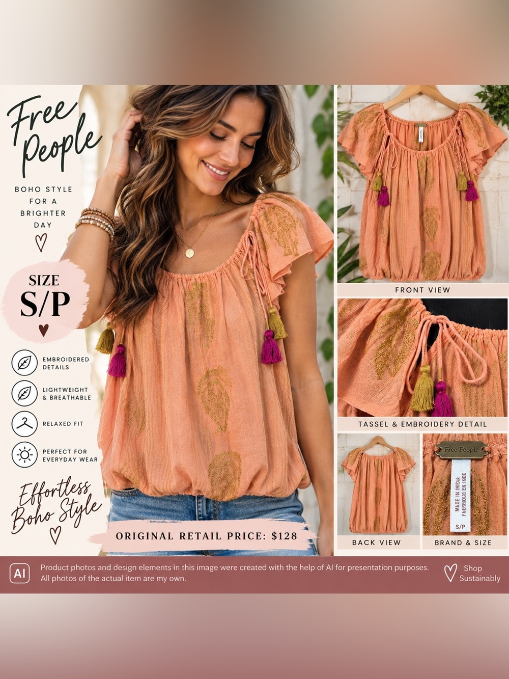 FREE PEOPLE PEACH EMBROIDERED TASSEL BOHO BLOUSE • SIZE S/P